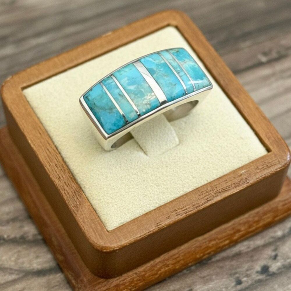 Southwestern Turquoise Inlay Statement Ring - Wide Sterling Silver Band